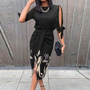 Elegant Black Midi Dress with Floral Accents